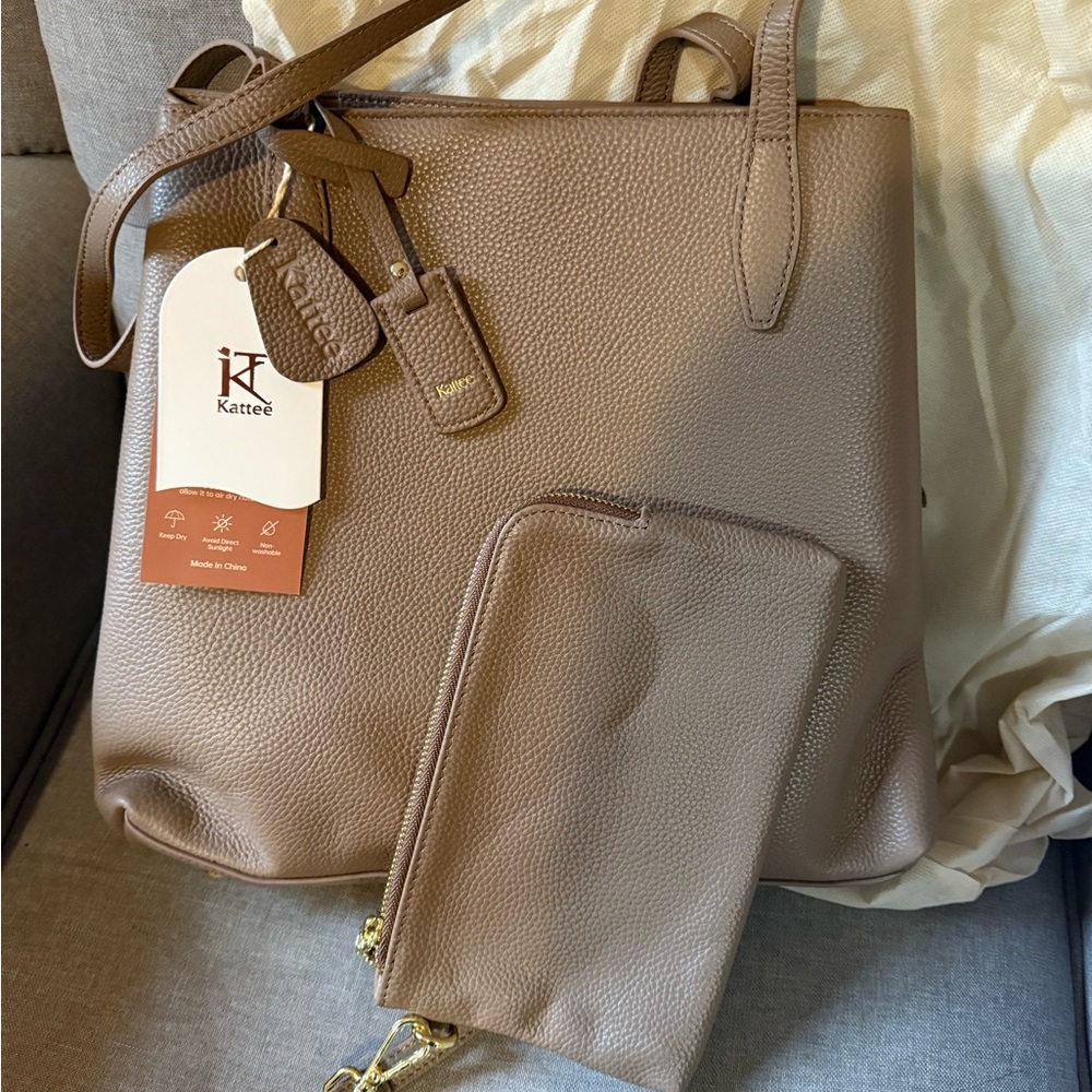 Kattee Leather Tote Bags for Women with Wristlet Mini Pouch Khaki NWT - Picture 12 of 12